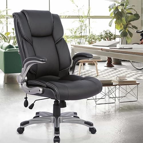 COLAMY High Back Executive Office Chair- Ergonomic Home Computer Desk Leather Chair with Padded Flip-up Arms, Adjustable Tilt Lock, Swivel Rolling Chair for Adult Working Study-Black thumbnail 8