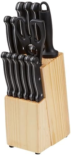 Amazon Basics 14-Piece High Carbon Stainless Steel Kitchen Knife Set with Sharpener and Pinewood Block, Black thumbnail 6