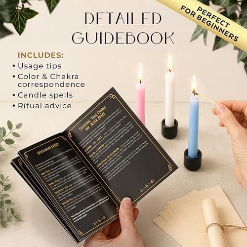 WYSPELL 36 Colored Spell Candles | 5" x 1/2" | Taper Candles Kit for Witchcraft & Decor | 6 Chime Candle Holders | Wiccan Supplies & Candlesticks Set thumbnail 6