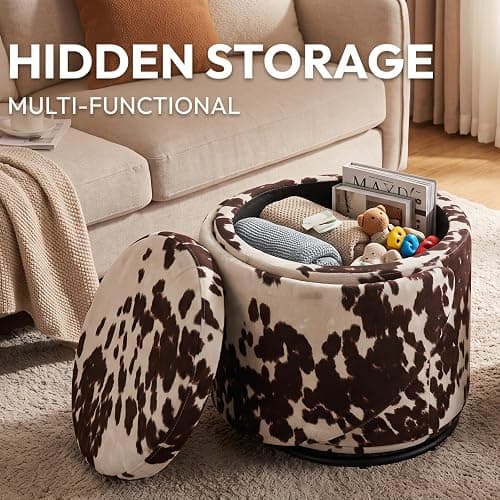 Ya-Home Modern Swivel Ottoman Vanity Chair, Linen Upholstered Barrel Club 360°Degree Swivel Side Stool with Storage, Comfy Makeup Stool for Bedroom Living Room, Milk Cow thumbnail 5