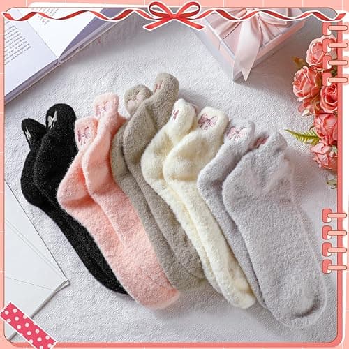 Skicuff 5 Pair Women Bow Fuzzy Socks Stuff Coquette Pink Cozy Fluffy Ankle Slipper Socks for Women Girls Preppy Stuff thumbnail 4