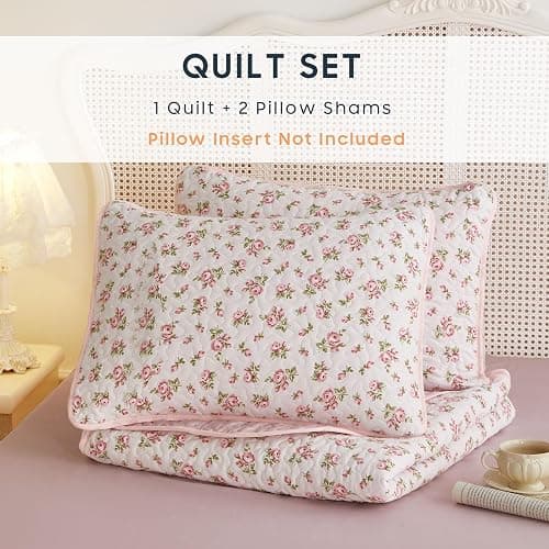 Wake In Cloud - Floral Quilt Set, Coquette Cottagecore Shabby Chic Flower Pattern for Women Teen Girls, Reversible Lightweight Bedspread Coverlet, 3 Pieces, Pink, Queen/Full Size thumbnail 7