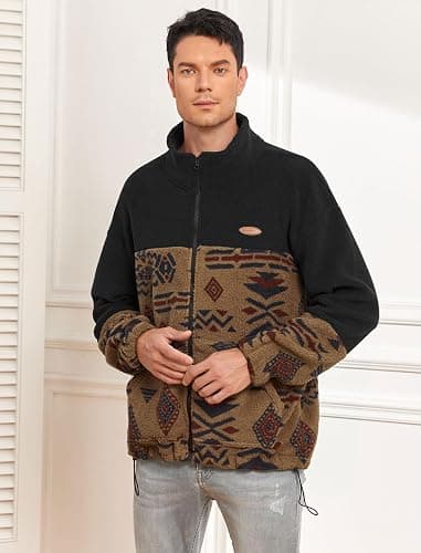 ZAFUL Men Ethnic Aztec Printed Fluffy Fuzzy Jacket Plush Fleece Casual Stand Collar Zip Outwear Cardigan Coat with Pockets thumbnail 7