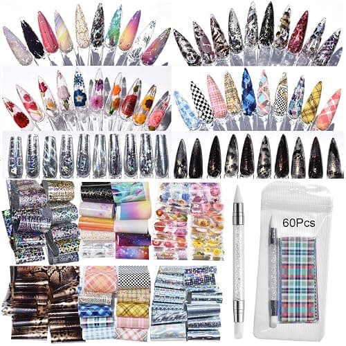 Nail Art Transfer Foils,60 Pieces,Animal Print Dried Flowers Mixed Designs | Marble,Iridescent,Checkered Patterns,Leopard Print Nail Foils,1 Pc Nail Art Engraving Pen Silicone Pen 7.87 x 1.57 inches(60) - Image 1