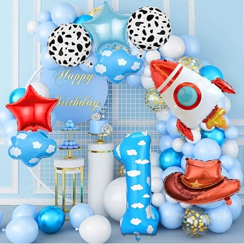Toy Themed Decorations, 9pcs Cow Print Sky Blue Cloud Balloons with Rocket Balloon and Cowboy Hat Balloon for Kids Inspired Story 1st Birthday Party Decorations (1ST) thumbnail 7