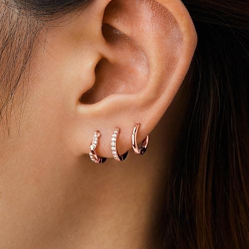 Inerney Gold Huggie Hoop Earrings Set for Women, Dainty Small Sterling Silver Earring for Multiple Piercing Hypoallergenic Jewelry, Trendy Twisted CZ Cartilage Earings for Women's Mother Gifts 3Pairs thumbnail 3