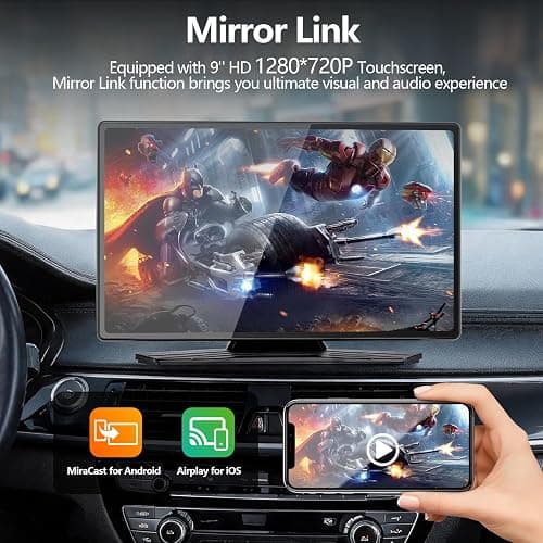 9" Wireless Apple Carplay Screen for Car, Portable Wireless CarPlay with Apple Car Play & Android Auto, OTA Updates, Backup Camera, GPS Navigation/Bluetooth 5.0/Mirror Link/Voice Control/AUX/FM thumbnail 2