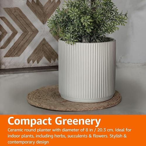 Amazon Basics Fluted Ceramic House Round Planter, 20.3 cm, White thumbnail 6
