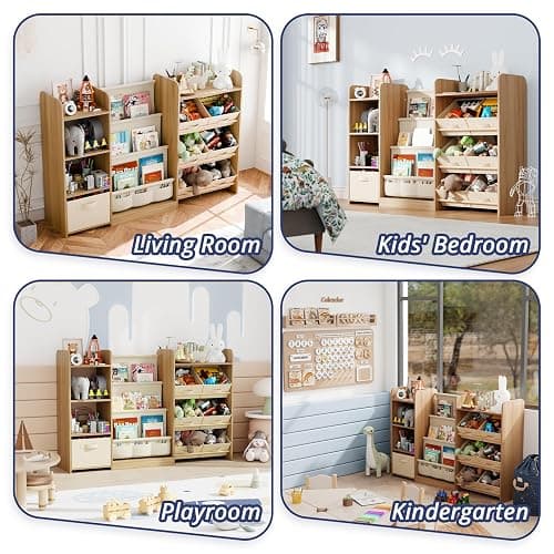 Kids Bookshelf and Toy Storage with 7 Removable Bins, 51 inch, Burlywood | Baby Bookshelf and Toy Organizer, Kids Bookcase, Large Toy Storage with 4-Tier Book Shelf for Kid Room, Playroom, Classroom thumbnail 7
