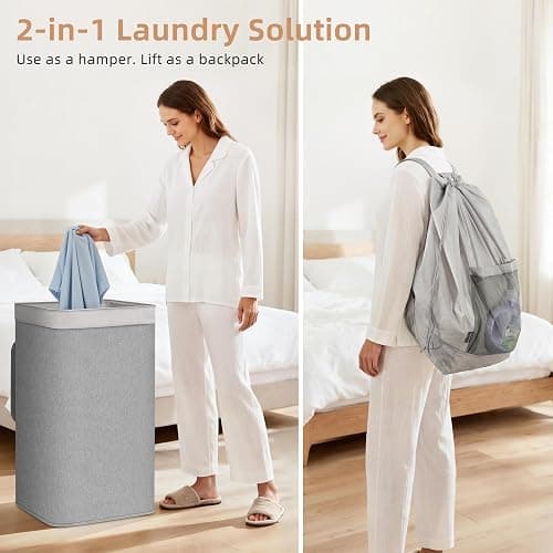 STORAGE MANIAC 2-in-1 Laundry Hamper with Laundry Backpack Bag, 90L Metal Frame Laundry Basket, Dirty Clothes Bag with Shoulder Straps and Mesh Pocket for College, Travel, Laundromat, Apartment, Gray thumbnail 4