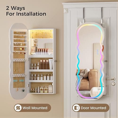 Lvifur RGB Lighted Mirror Jewelry Cabinet,LED Wavy Wide Mirror with Storage, Wall or Door Mounted Jewelry Organizer with Interior Mirror,Lockable Jewelry armoire,Gift Ideal thumbnail 5