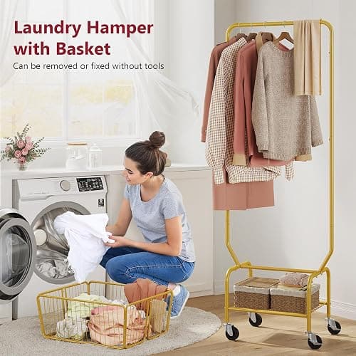 Tajsoon Rolling Laundry Cart with Hanging Rack & Laundry Basket, Gold | Metal Commercia Laundry Cart with Wheels, Laundry Hamper Sorter with Storage Basket & Shelf, Laundry Room, Bathroom, Bedroom thumbnail 4