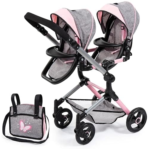 Bayer Twin Doll Pram Neo, Grey, Pink with Butterfly, Jean Look - Image 1