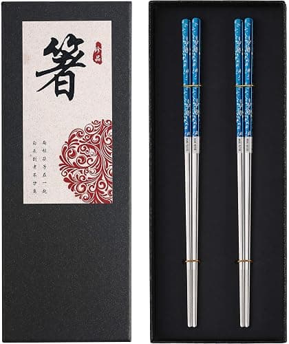 Titanium Plated Chopstick Stainless Steel Chopsticks Metal Chopsticks Reusable Dishwasher safe Premium Laser Engraved Chop Sticks for Eating 2 Pairs Gift Set Blue Silver - Image 1