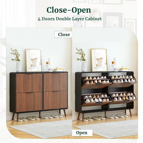 47" Fluted Large Shoe Cabinet with 4 Flip Drawers, Slim Freestanding Shoe Cabinet Organizer, Narrow Shoes Storage Rack for Entryway, 5 Sturdy Legs (Walnut and Black, 9.45" D x 47.24" W x 35.83" H) - Walnut and Black - 9.45"D x 47.24"W x 35.83"H thumbnail 8