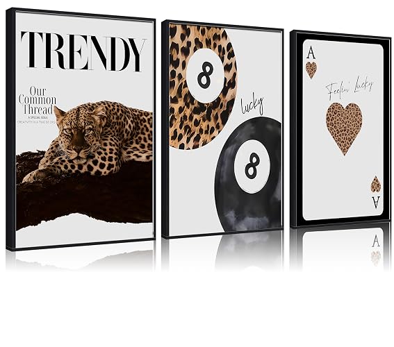 Set of 3 Black Leopard Print Wall Art Funky Lucky 8 Ball Poster Prints Preppy Room Aesthetic Cheetah Pictures Wall Decor for Girls Bedroom Apartment Dorm Home Decoration Unframed 12x16in - Image 1