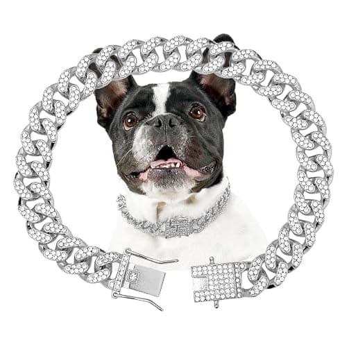 Dog Chain Collar Silver Dog Necklace Diamond Cuban Link Dog Collar 13mm Wide Metal Pet Cat Dog Chain Crystal Collar Jewelry Accessories for Large Medium Small Dogs Cats(Silver,10 Inch) - Image 1