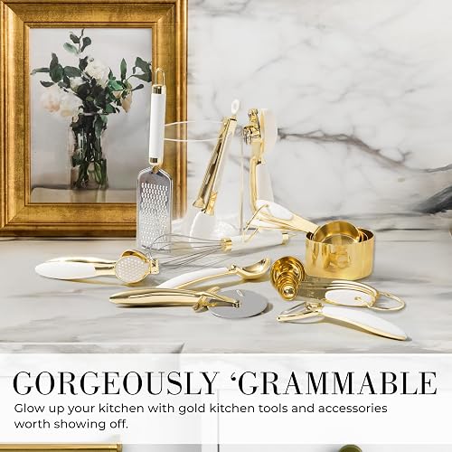 White & Gold Cooking Utensils Set - Luxe 8-Piece Kitchen Gadget Set Includes Can Opener, Tongs and Garlic Press - Stylish White and Gold Kitchen Accessories for Modern Kitchens, Ideal for Gifting - 8 Piece White & Gold thumbnail 5