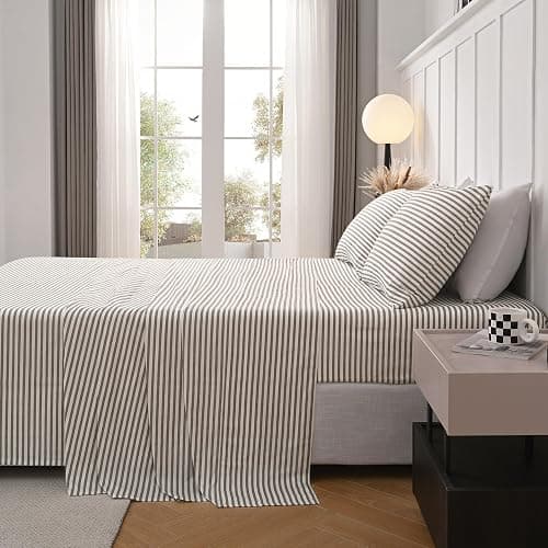JELLYMONI 100% Cotton Bed Sheets Set – Grey and White Stripes, King Size, Soft Bedding with Deep Pocket Fitted Sheet, Flat Sheet & Pillowcases thumbnail 2