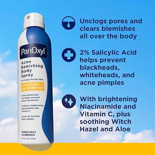 PanOxyl Acne Banishing Body Spray with 2% Salicylic Acid, Pimple Treatment Spray to Clear Stubborn Breakouts, 360-Degree Spray Nozzle, Skin-Brightening Niacinamide, Vitamin C, Witch Hazel, Aloe, 6 Oz thumbnail 3
