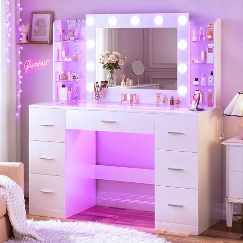 HUAHUU Vanity Desk with Mirror and Hollywood Lights, Makeup Vanity 6 Backlit Open Shelves with Frosted Panel & RGB Light, Transparent Top, Power Outlet, 7 Drawers & Storage Organizer for Bedroom - Image 1