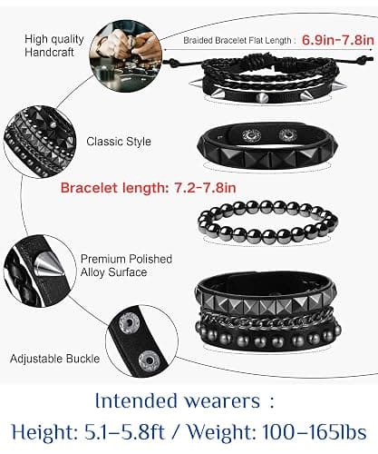 Sahoottie 4Pcs 7.2-7.8in Punk Bracelets for Men Women Leather Spike Bracelet Metal Cuff Set Emo Adjustable Studded Bracelets Punk Jewelry Emo Goth Accessories thumbnail 6