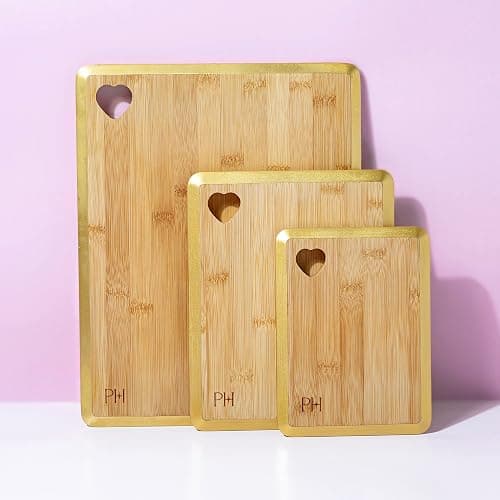Paris Hilton Reversible Bamboo Cutting Board Set with Heart Shaped Cut-Out Design, Glamorous Gold Edge Detail and Multiple Board Sizes, 3-Pieces, Gold thumbnail 8