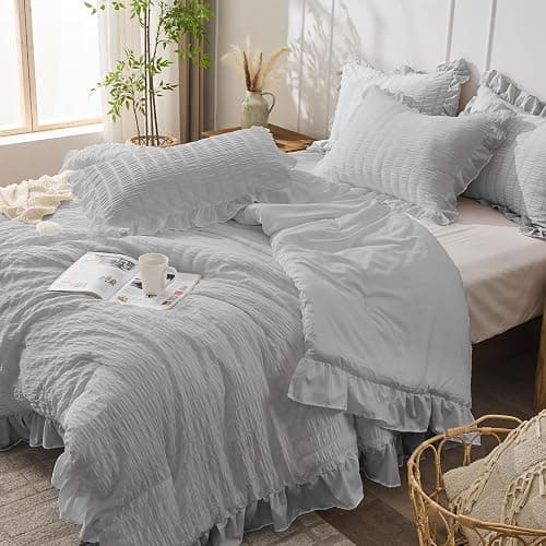 JOLLYVOGUE Light Grey Comforter Full Size, 3 Pieces Seersucker Lightweight Full Size Bedding, All Season Fluffy Microfiber Bedding Comforter Set with 1 Ruffle Comforter and 2 Ruffle Pillowshams thumbnail 8