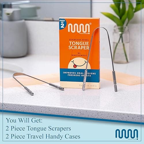 MasterMedi Tongue Scraper for Adults with Multicolor Travel Cases (2 Pack), 100% Stainless Steel, Reduce Bad Breath, Tongue Scrubber, Easy to Use, Tongue Cleaner for Oral Care & Hygiene - Advanced Tongue Scraper Pack of 2 thumbnail 4