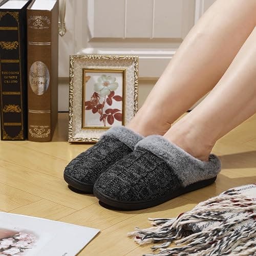 shoeslocker Womens Memory Foam Fuzzy Slippers Knitted House Slippers for Women Comfy Slip-On Warm House Shoes thumbnail 2