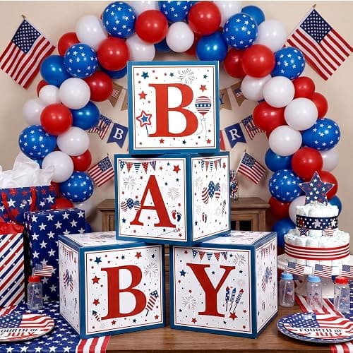Vicenpal Red White and Blue Baby Shower Boxes with Letters for 4th of July 250th Anniversary Patriotic Decorations Gender Reveal Decoration Photo Prop Independence Day Decor Set of 4 thumbnail 2