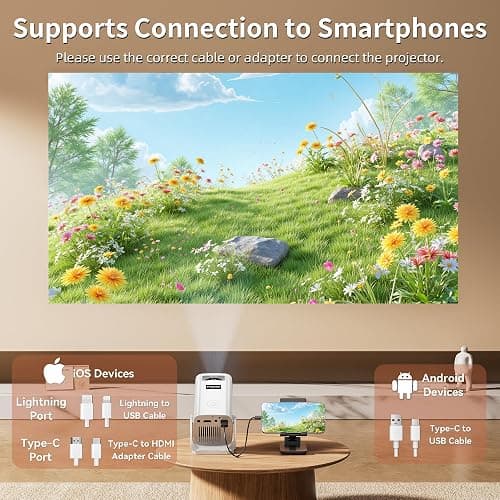 Mini Projector, Portable Projector 4K & Full HD 1080P Support, 270° Rotation Outdoor Projector, Movie Projector Compatible with Smartphone, TV Stick, Laptop, PS4, HDMI, USB thumbnail 6
