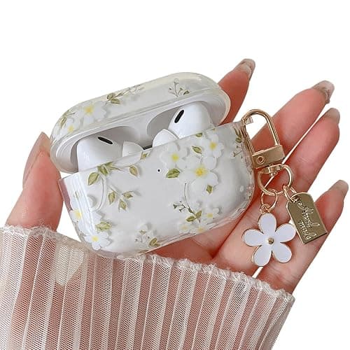MINSCOSE Compatible with AirPods Pro 2nd/1st Generation Case Clear Case,Cute Pretty Flower Pattern Design with Floral Keychain, Soft TPU Protective Shockproof Cover for AirPods Pro/Pro 2-White Flower - Image 1