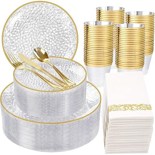 Rubtlamp 350 Pcs Clear Gold Plastic Plates, Hammered Disposable Dinnerware, Clear-Gold Plates Set Include 100 Plastic Platos, 150 Gold Disposable Silverware, 50 Cups And 50 Napkins for Party - Image 1