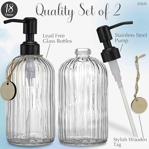 JASAI 2PACK 18Oz Simple Glass Soap Dispensers with Black Pump, Refillable Kitchen soap Dispenser with Vertical Stripe, Bathroom Soap Dispenser for Bathroom Hand soap, Dish Soap, Lotion. thumbnail 3