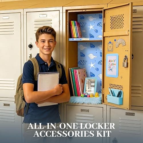 Elfcool 13 Pcs Locker Accessories Kit, Locker Decorations for Girls Boys Magnetic Pen Holder, Mirror, Whiteboard, Wallpaper, Magnets, Plush Rug, String Light, Back to School Essentials (Blue) thumbnail 2