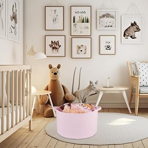 XUANGUO Large Cotton Rope Basket Blankets Basket Living Room 22"x14" Toy Baskets for Kids and Dogs Rope Storage Baskets for Nursery Woven Laundry Baskets for Clothes Towels Baby Toy Storage Round pink thumbnail 6