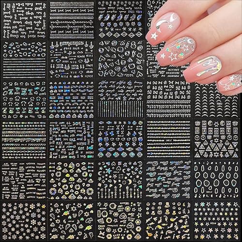 90 Sheets Nail Stickers for Nail Art, Flower Nail Art Stickers Gold Silver Line Star Floral Nail Decals for Nails Design, Aurora Nail Decor Nail Accessories for Women Girls thumbnail 2