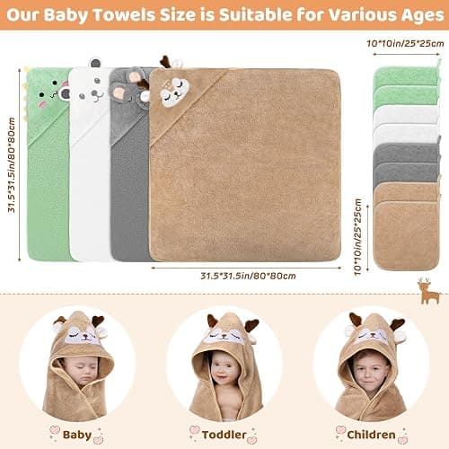 CandyHome 12 PCS Baby Bath Towels Set for Infants Toddlers Essentials | 4 PCS Baby Towels & 8 PCS Washcloths Set, Cute Animal Hooded, Ultra Absorbent & Soft, Newborn Shower Gifts for Boys & Girls thumbnail 2