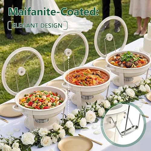 Chafing Dishes for Buffet,4 Pack 5QT Maifanite-Coated Chafing Dishes, White Chafing Dish Buffet Set with Glass Lid and Lid Holder,Food Warmers for Parties Buffet for Wedding,Church Events,Birthday thumbnail 6