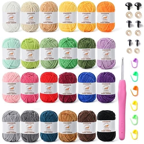 24 Pack Fluffy Velvet Yarn for Crocheting, Chunky Chenille Baby Yarn for Crocheting Soft Blanket, 1575 yds Amigurumi Yarns for Knitting, Bulky Multicolored Crochet Yarns Set A - Image 1