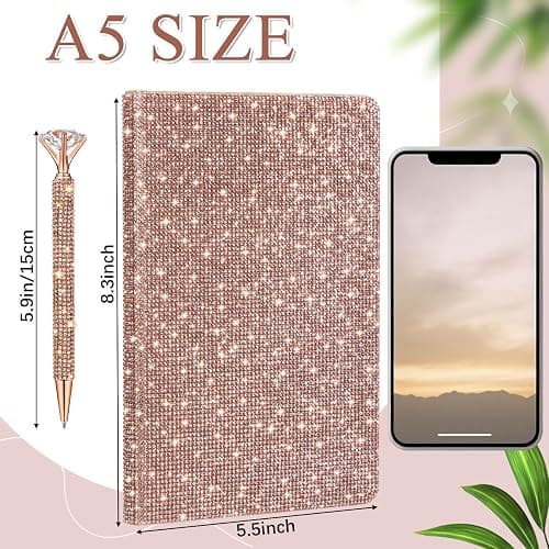 Resholder Rose Gold A5 Rhinestone Notebook & Pen Set Bling Diary for Girls | Hard Cover Glitter Journal for Women, Sparkly Desk Accessories Gift for Women, Cute Classroom Supplies for Back to School thumbnail 2