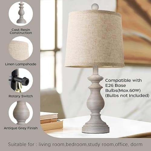 PARTPHONER Traditional Table Lamp Set of 2, Rustic Farmhouse Table Lamps for Living Room Bedroom, 22" Bedside Desk Lamps Vintage Nightstand Lamps with Linen Shades, Antique Grey thumbnail 4