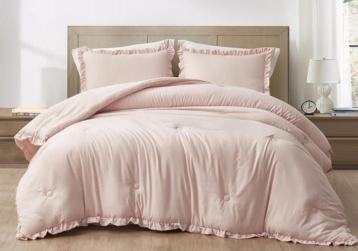 Chezmoi Collection Nora Blush Comforter Set Full Size 3-Piece Fluffy Soft Stone-Washed Ruffled Shabby Chic Bedding for All Season thumbnail 2