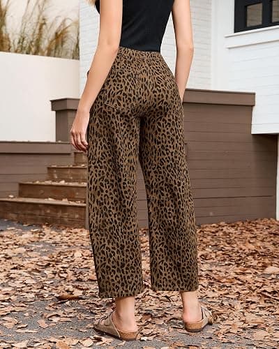 GRAPENT Barrel Jeans for Women Trendy High Waisted Pull On Wide Leg Cropped Leopard Cheetah Print Stretchy Denim Pants thumbnail 3
