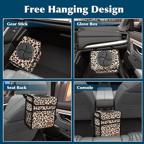 Car Trash Can with Lid Leak Proof Garbage Waterproof Bag for SUV Front Seat Multipurpose Hanging Headrest Collapsible and Portable Storage Mesh Pocket, Leopard Print thumbnail 6