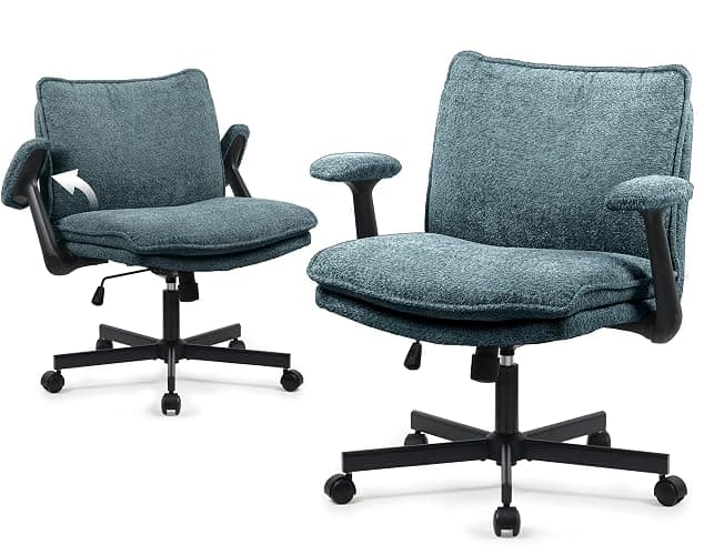 Kassipo Cross Legged Office Chair, Upholstered Criss Cross Desk Chair with Wheels and Flip-Up Armrests, Wide Seat Chair for Home Office, Vanity, Apartment, Dark Green - Green thumbnail 8