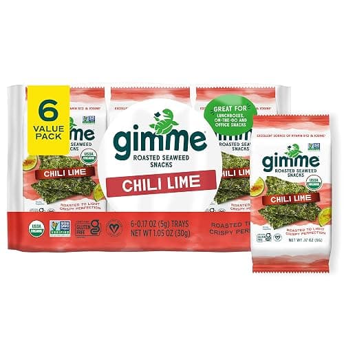 Gimme Seaweed Organic Premium Roasted Seaweed Snacks, Chili Lime, 6 Count, Keto, Vegan, Gluten-Free, Great Source of Omega3s and Iodine, Healthy On-The-Go Snack for Kids and Adults - Image 1