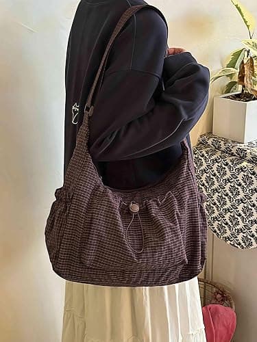 Plaid Crossbody Bags, Slouchy Hobo Crossbody Bag, Cute Messenger Bag, Nylon Crescent Crossbody Purse, Trendy Everyday Purse thumbnail 2