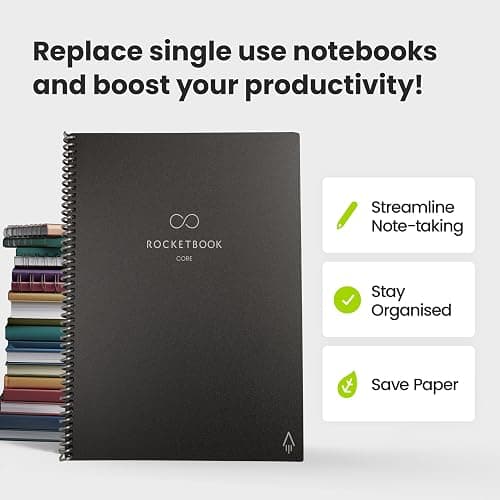 Rocketbook Core Reusable Spiral Notebook, Letter Size 21 cm x 29.7 cm, Black - Lined Pages, App-Connected, Erasable, Durable Cover, Ideal for School, Work, and Creative Projects thumbnail 9